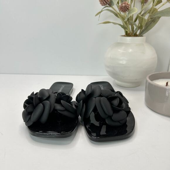 Jeffrey Campbell Floralee Rosette Flower Slide Sandals Black Shiny Women's 6 - Picture 2 of 8